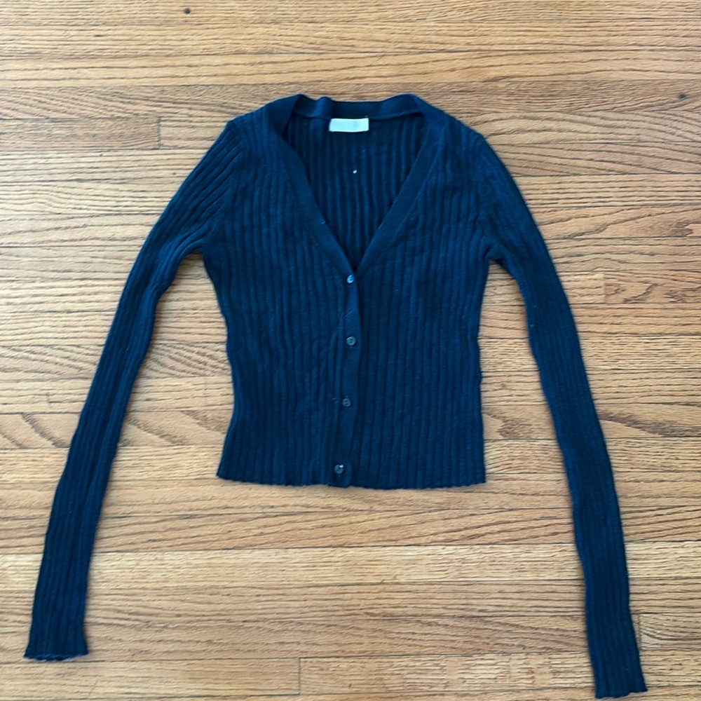 SABLYN Cashmere Ribbed Knit Cropped Cardigan Navy Blue Size XS